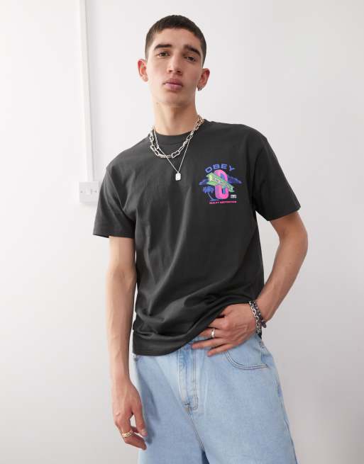 Obey – Dream Construction – Czarny sprany T-shirt z nadrukiem z logo na plecach, 3 z 4