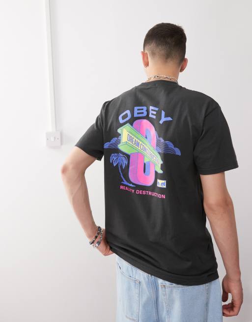 Obey – Dream Construction – Czarny sprany T-shirt z nadrukiem z logo na plecach, 4 z 4