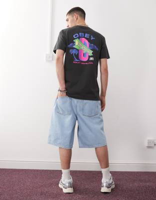 Obey - Dream Construction - Sort T-shirt i vintage vask med grafisk logoprint på ryggen - view 1