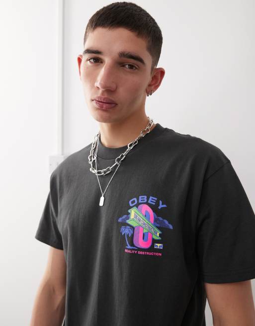 Obey - Dream Construction - Sort T-shirt i vintage vask med grafisk logoprint på ryggen, 2 af 4