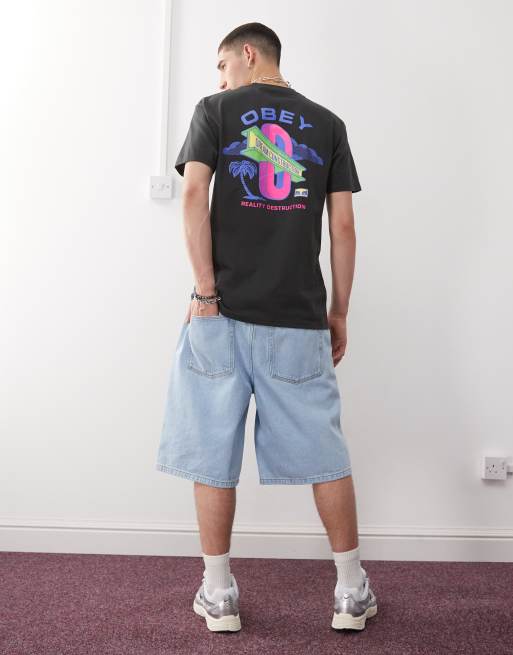 Obey - Dream Construction - T-shirt nero vintage slavato con stampa grafica del logo sul retro