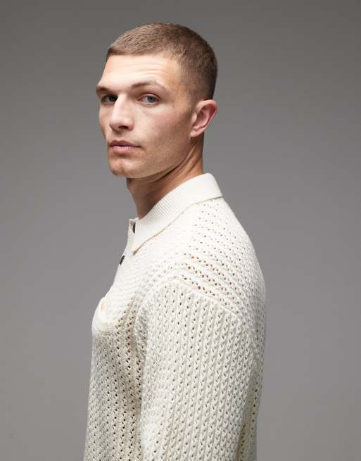 Obey duane knitted polo jumper in off white, 4 of 5