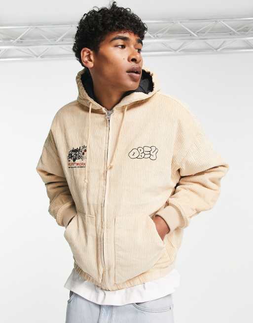 Obey duke hooded corduroy jacket in cream