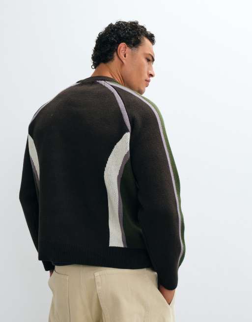 Obey Estadio logo knitted crew neck jumper in brown multi, 4 of 5