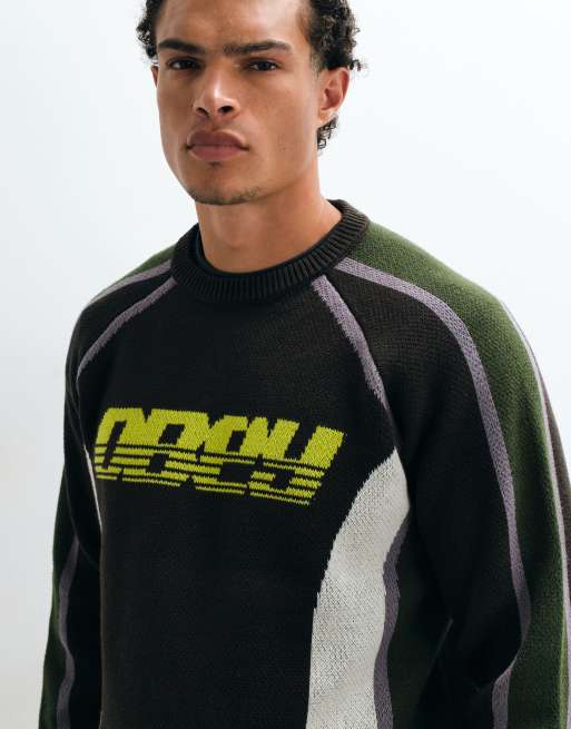 Obey Estadio logo knitted crew neck jumper in brown multi, 5 of 5