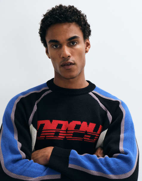Obey estadio logo knitted crewneck jumper in blue multi - view 1