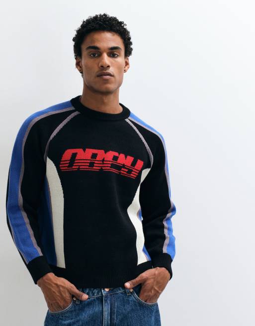 Obey estadio logo knitted crewneck jumper in blue multi, 3 of 5