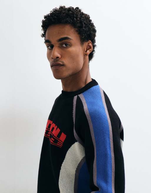 Obey estadio logo knitted crewneck jumper in blue multi, 4 of 5