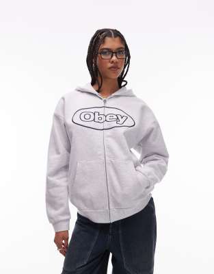 Obey extra heavy weight zip through oval logo hoodie in light grey