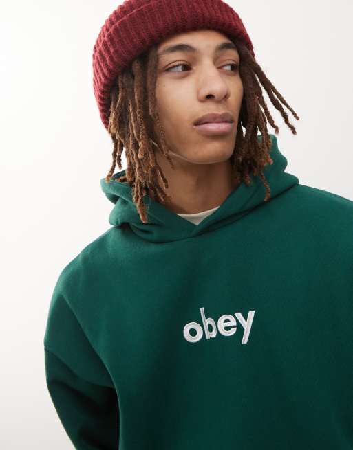 Obey Felpa con cappuccio verde scuro pesante con logo in minuscolo ASOS