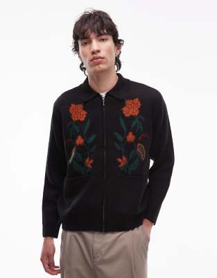 Obey Obey floral zip up cardigan in black