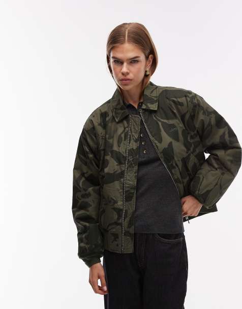 Obey florien bomber jacket in dark green floral print