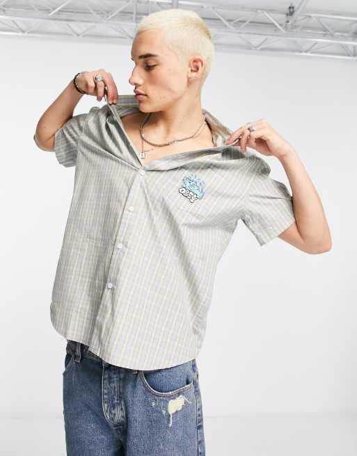 Obey gavin woven short sleeve checked shirt in blue with elephant print