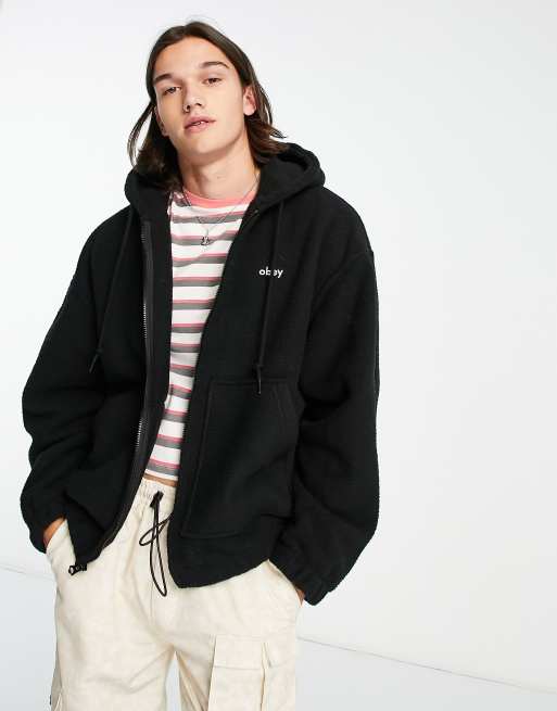 Obey Gaze hooded jacket in black sherpa ASOS