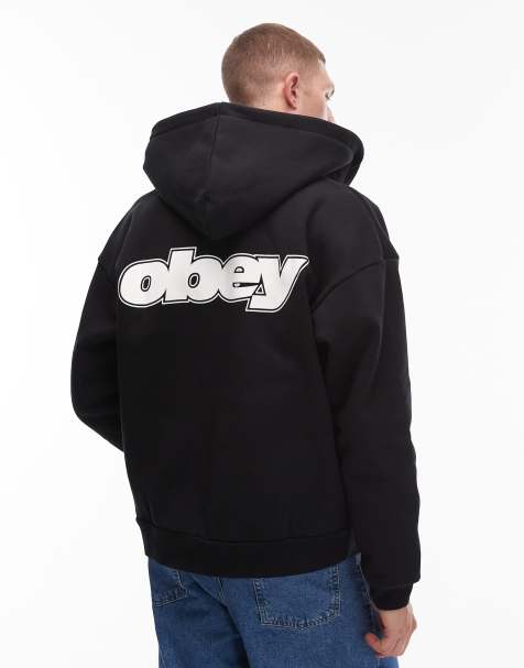 Obey – Gaze – Svart, kraftig huvtröja i oversized fit med dragkedja och tryck baktill - view 1