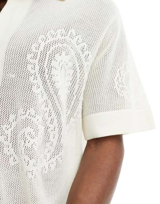 Obey - Gehaakt gebreid overhemd met paisley-motief in crème, 4 van 4