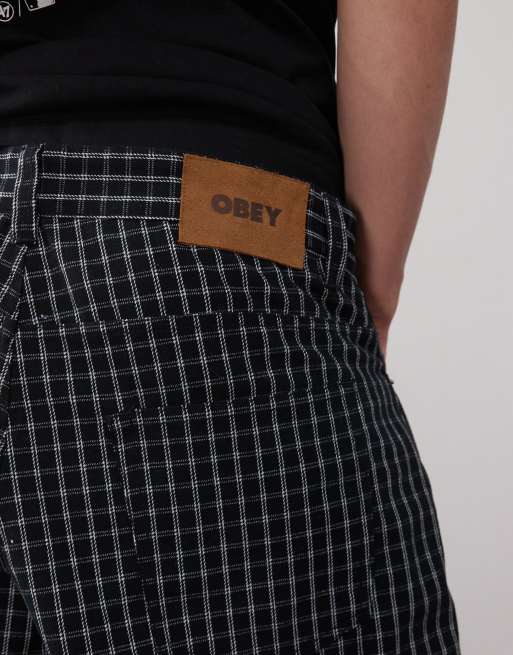 Obey - Geruite baggy denim short in zwarte multi, 3 van 5