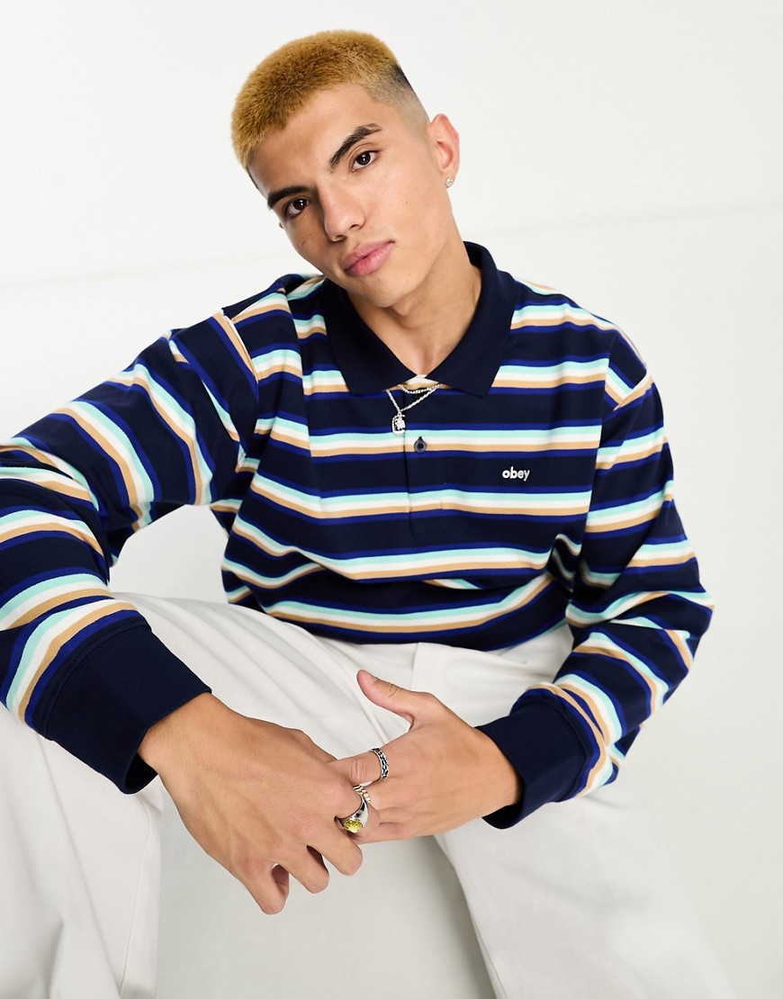 Obey gino velour sweat polo in navy
