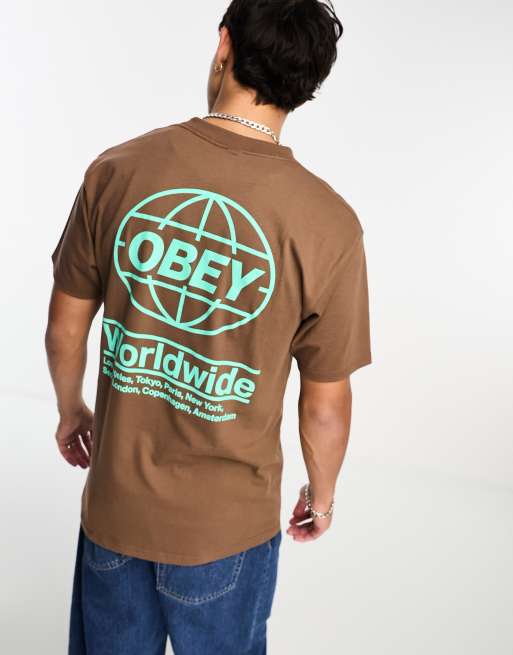 Obey global backprint t-shirt in brown | ASOS