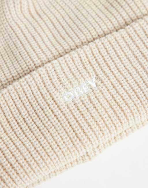 OBEY - gorro de punto acanalado beige con logo future en el puño, 2 de 3