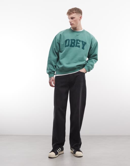 Obey – Grön sweatshirt med rund halsringning och pigmenterad logga i collegestil, 2 av 5