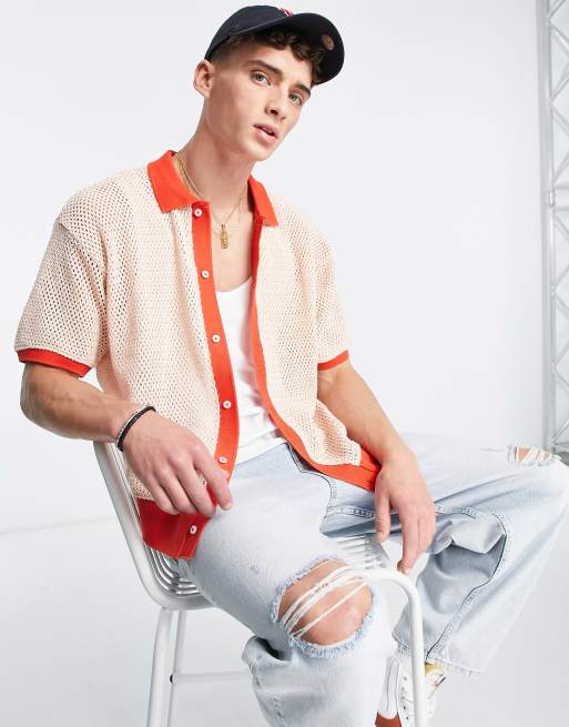 Obey grove button up polo in white and red