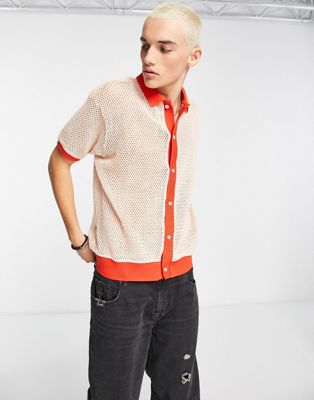 Obey grove button up polo in white and red