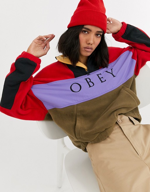 Obey half zip alpine fleece in colour block with logo pannel