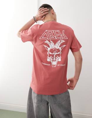 Obey Harbinger Of Peace graphic logo t-shirt with back print in mineral red - view 1