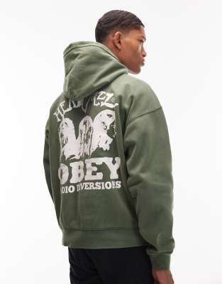 Obey Obey head jazz faded pullover boxy hoodie in green