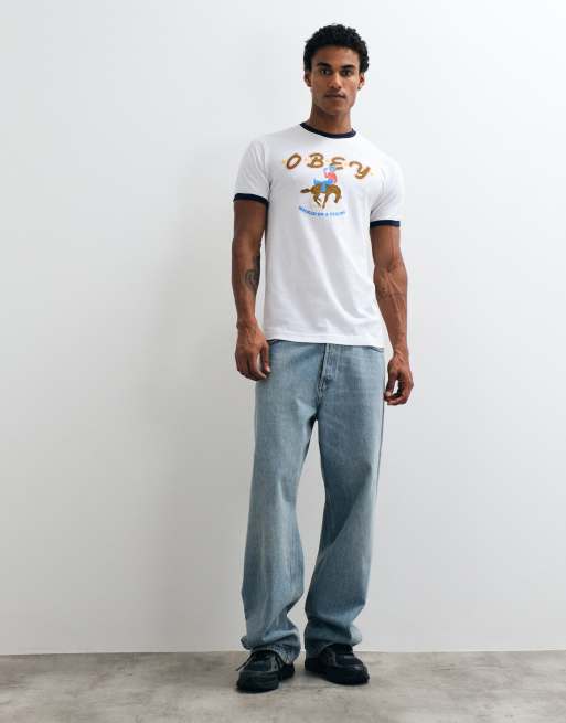 Obey hooked on a feeling graphic ringer t-shirt in white/navy, 3 of 5