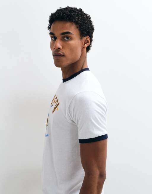 Obey hooked on a feeling graphic ringer t-shirt in white/navy, 4 of 5