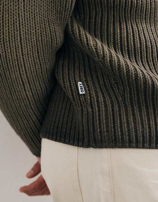 Obey ian faded wash rib knitted crewneck jumper in brown, 3 of 5