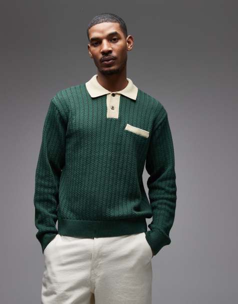 Obey jasper knitted polo jumper in dark green - view 1