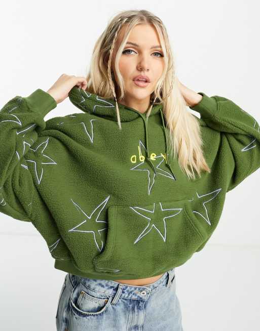Obey - Kakigrøn, afslappet og oversized hættetrøje af fleece med heldækkende stjernemønster