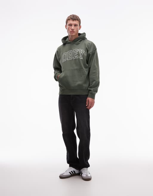 Obey - Kakigrøn pullover-hættetrøje med falmet design og firkantet pasform samt college-print, 2 af 5