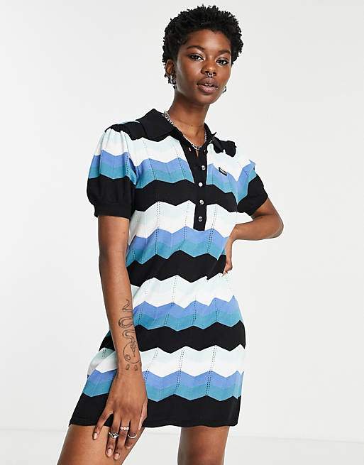 Obey knitted polo dress in retro stripe