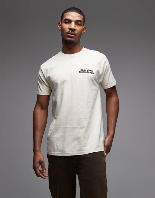Obey – Kremowy T-shirt z logo i nadrukiem na plecach, 3 z 5