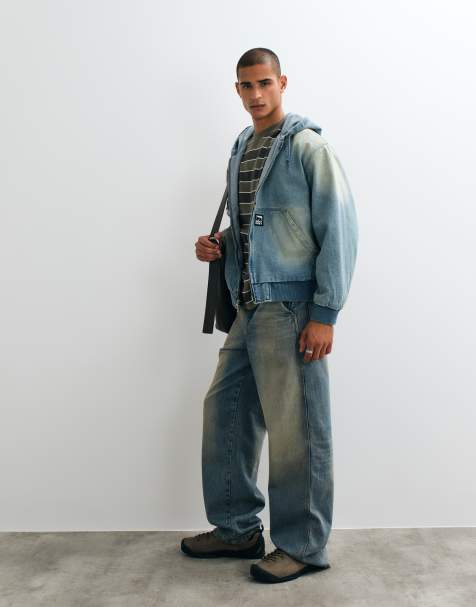 OBEY kurtka jeansowa zapinana na zamek z kapturem w kolorze dirty blue wash - view 1