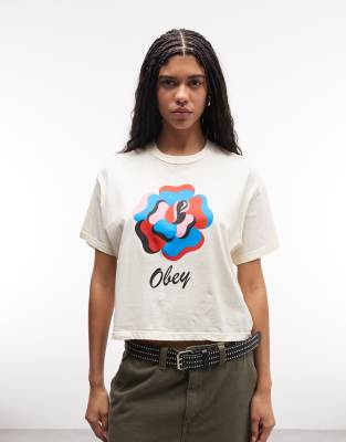 Obey - Kurzärmliges T-Shirt in Beige mit Papierrosen-Grafik-Neutral
