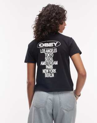 Obey - Kurzärmliges T-Shirt in Schwarz mit Städte-Grafikprint auf dem Rücken