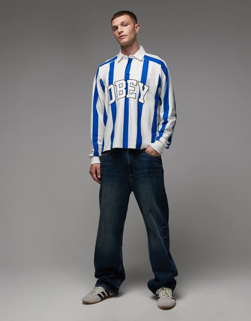 Obey – Landon – Fußball-Polohemd mit Streifen in Weiß und Blau, 2 von 5