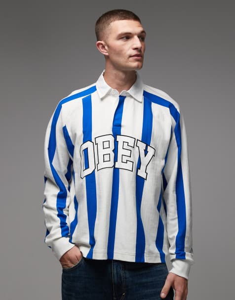 Obey - Landon - Polo style football à rayures - Blanc et bleu - view 1