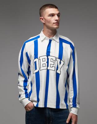Obey Obey landon stripe football polo shirt in white and blue-Multi