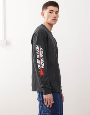Obey Obey long sleeve design industries graphic logo t-shirt in pigment true vintage black
