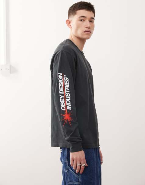 Obey long sleeve design industries graphic logo t-shirt in pigment true vintage black - view 1