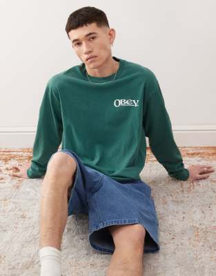 Obey Obey long sleeve sensory exploration graphic logo t-shirt with back print in pigment dark green