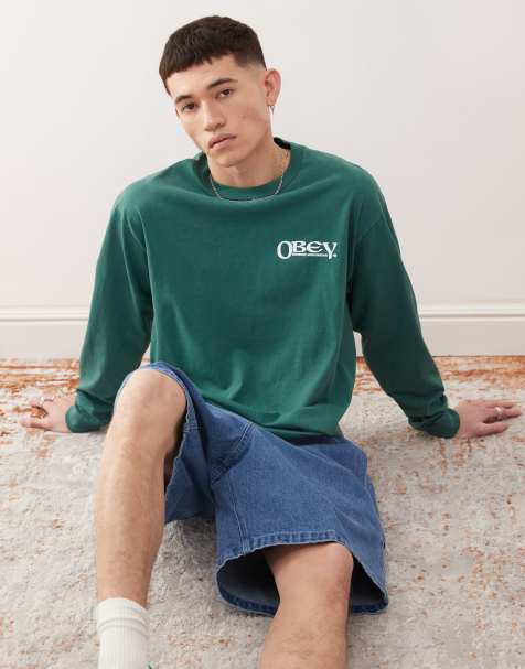 Obey long sleeve sensory exploration graphic logo t-shirt with back print in pigment dark green - view 1