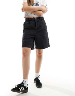 Obey longer length denim short in washed black - view 1