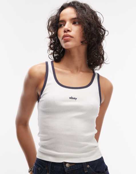 Obey – Loren – Biały prążkowany top bez rękawów z logo - view 1